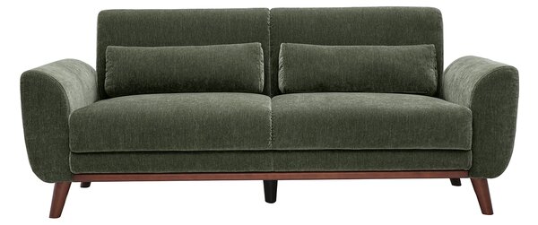 Divano scandinavo a 3 posti in tessuto effetto velluto verde kaki e legno scuro EKTOR