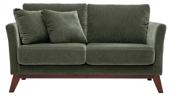 Divano scandinavo sfoderabile 2 posti in tessuto effetto velluto verde kaki e legno scuro OSLO