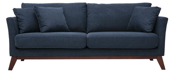 Divano scandinavo sfoderabile a 3 posti in tessuto effetto velluto testurizzato blu scuro e legno scuro OSLO