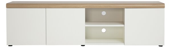 Mobile TV scandinavo bianco con finitura legno chiaro e vani contenitore L180 cm LEANA
