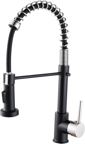 Miscelatore da cucina, con tubo estensibile, realizzato in ottone e ABS, finitura in nichel spazzolato e nero, rotazione a 360 gradi, adatto per