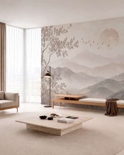 Carta da parati Montagne avvolte dalla nebbia con un albero, uccelli e il sole, Carta da parati Natura, w05924v1 : Uwalls.it