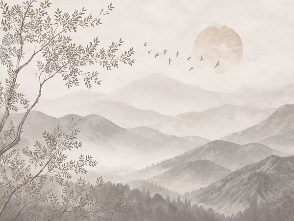 Carta da parati Montagne avvolte dalla nebbia con un albero, uccelli e il sole, Carta da parati Natura, w05924v1 : Uwalls.it