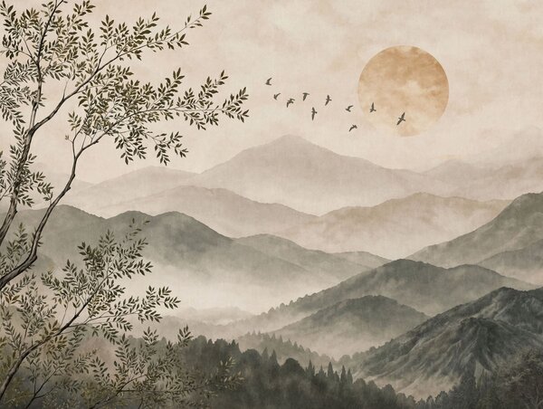 Carta da parati Creste montuose con un albero, uccelli e il sole, Carta da parati Natura, w05924v3 : Uwalls.it