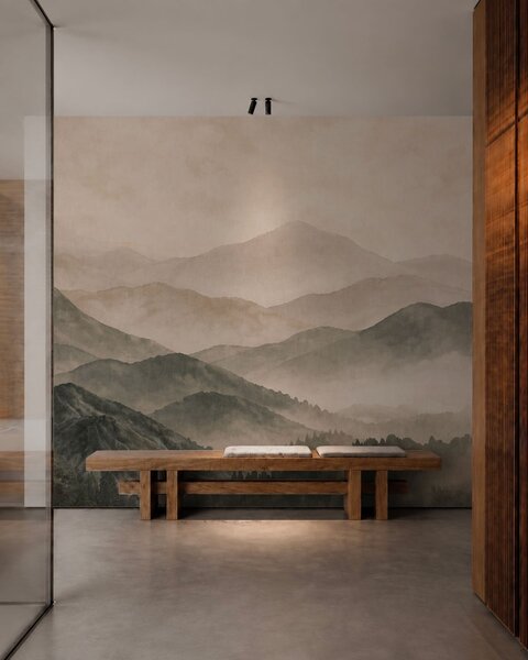 Carta da parati Creste montuose avvolte dalla nebbia e foreste scure, Carta da parati Natura, w05925v3 : Uwalls.it
