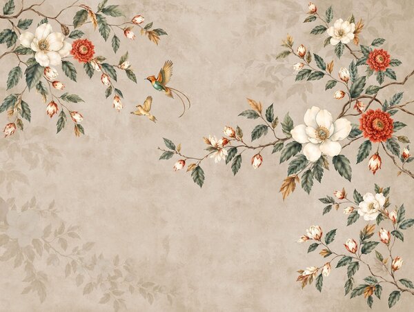 Carta da parati Rami in fiore e due uccelli su sfondo beige, Carta da parati Floreale, w05927v2 : Uwalls.it