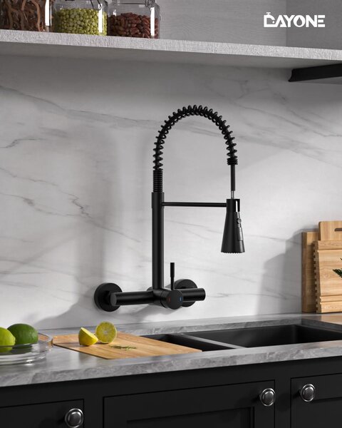 Miscelatore da cucina da montare a parete, con doccetta estraibile, colore nero, per la cucina