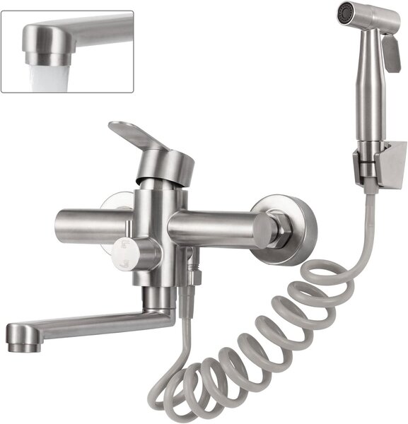 Miscelatore da cucina a parete con funzione spray, girevole a 360°, con un'altezza di 23 cm, realizzato in acciaio inossidabile, ideale per la cucina