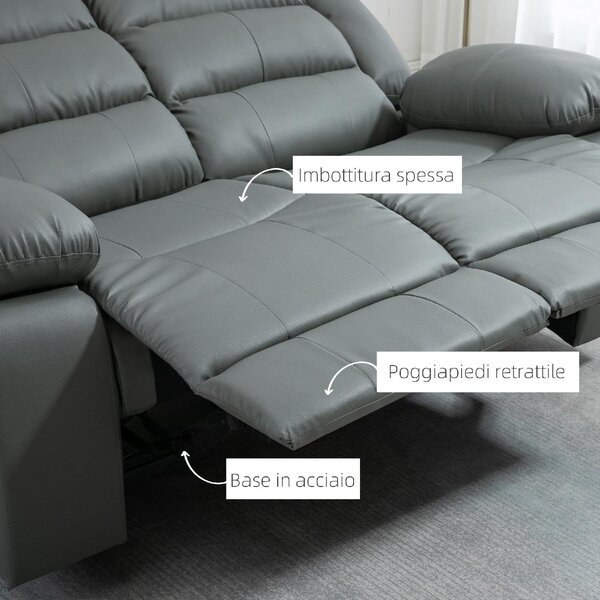 DecHome Divano Relax 2 Posti Moderno Schienale Reclinabile Poggiapiedi estraibile Meccanismo manuale in Ecopelle Dimensioni 168x93x102 cm colore Gr