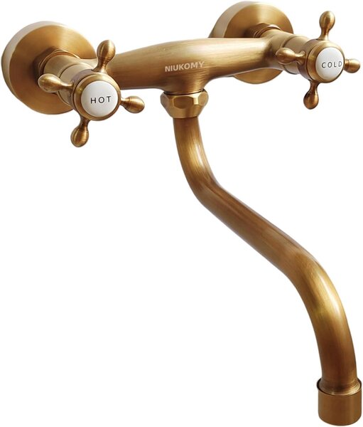 Miscelatore da cucina a parete, finitura bronzo anticato, con bocca da 20 cm, girevole a 360°, dotato di due maniglie, ideale per la cucina