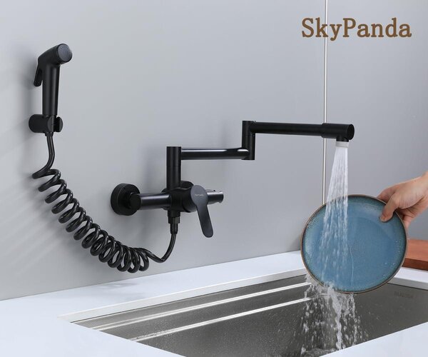 Miscelatore da cucina da montare a parete, girevole a 360°, con controllo dell'acqua calda e fredda, in acciaio inossidabile 304, colore nero, per la cucina