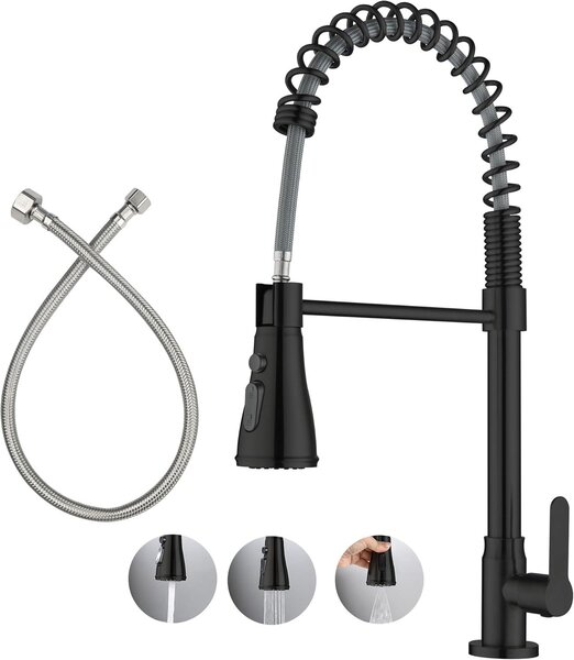 Miscelatore da cucina per acqua fredda, nero, girevole a 360°, con 3 tipi di getto, in acciaio inossidabile, con tubi di collegamento da 50 cm, adatto per