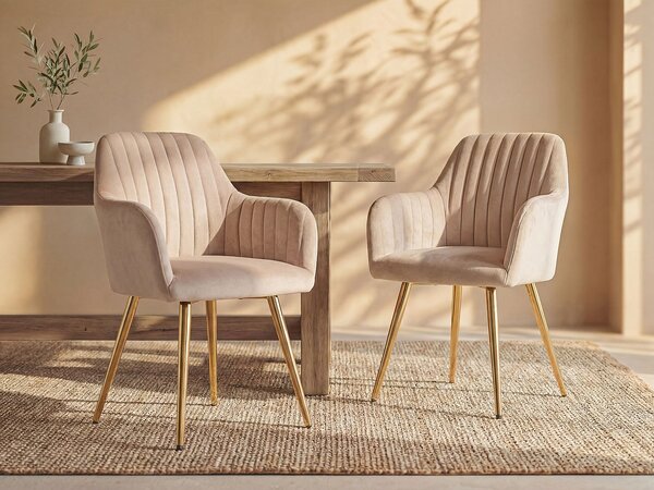 Sedia con braccioli in Velluto e Metallo Dorato Beige - Lotto di 2 - ELEANA