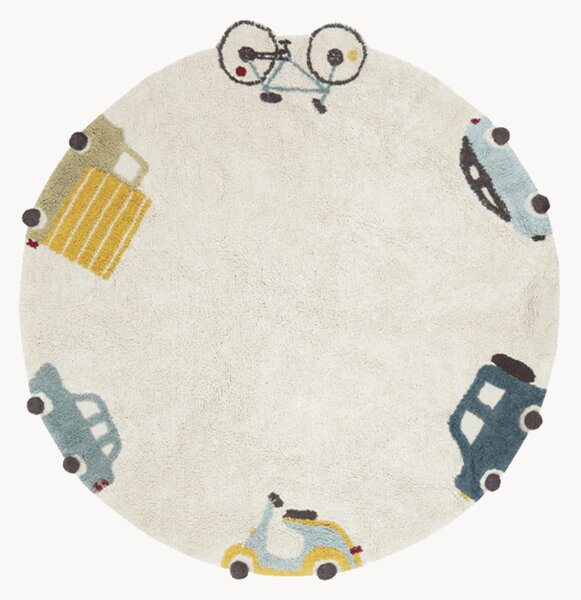 Tappeto rotondo per bambini lavabile fatto a mano con struttura in rilievo Wheels
