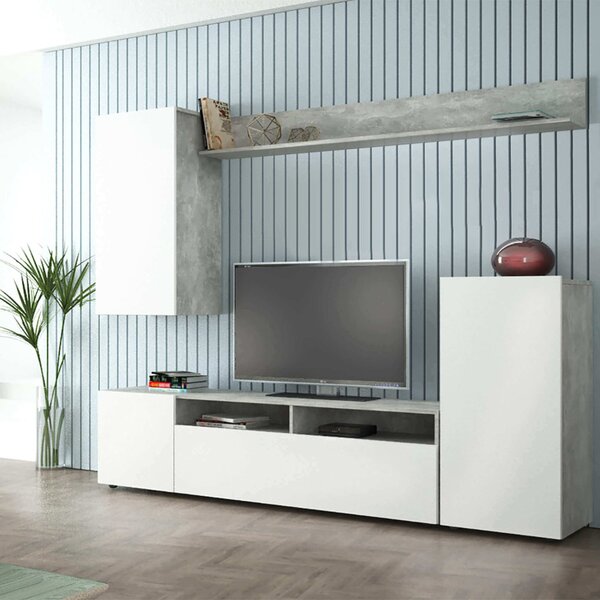 DecHome Parete Attrezzata Moderna Mobile TV + Mobile a Parete Dimensioni 207x34x170 cm colore Bianco/Cemento - Bucarest
