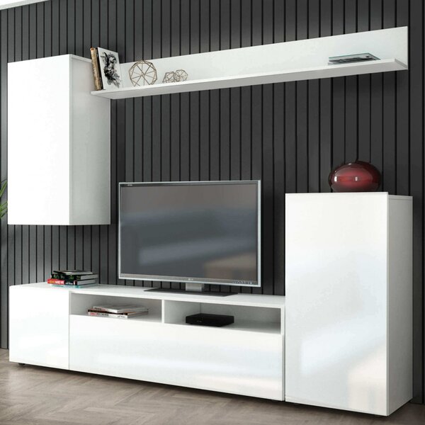 DecHome Parete Attrezzata Moderna Mobile TV + Mobile a Parete Dimensioni 207x34x170 cm colore Bianco - Bucarest
