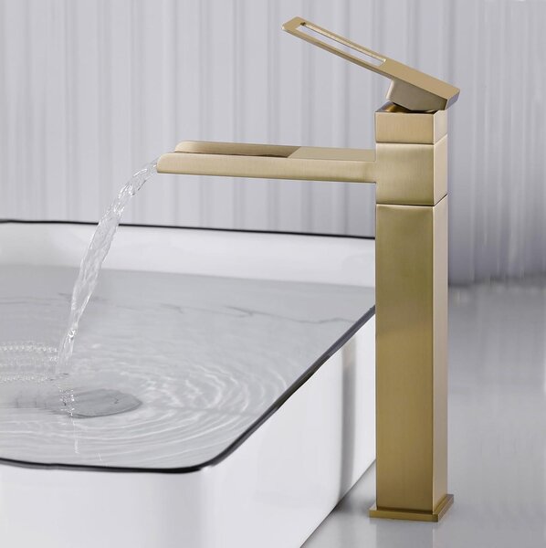 Rubinetto alto per lavabo, miscelatore monocomando, girevole a 360°, finitura dorata spazzolata, per bagno
