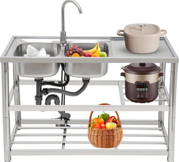 Mobile lavello indipendente in acciaio inossidabile - Doppia vasca - 33×33×18 cm - Rubinetto a 360° - 4 fori - Uso professionale - Argento