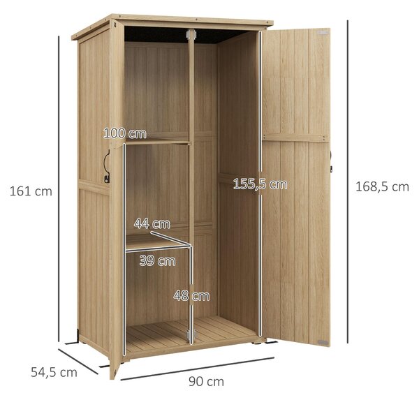 Outsunny Armadio con 2 ripiani laterali e 2 porte per attrezzi, casetta rimessa da giardino, 90L x 54,5P x 161/168,5H cm, Naturale | Aosom Italy