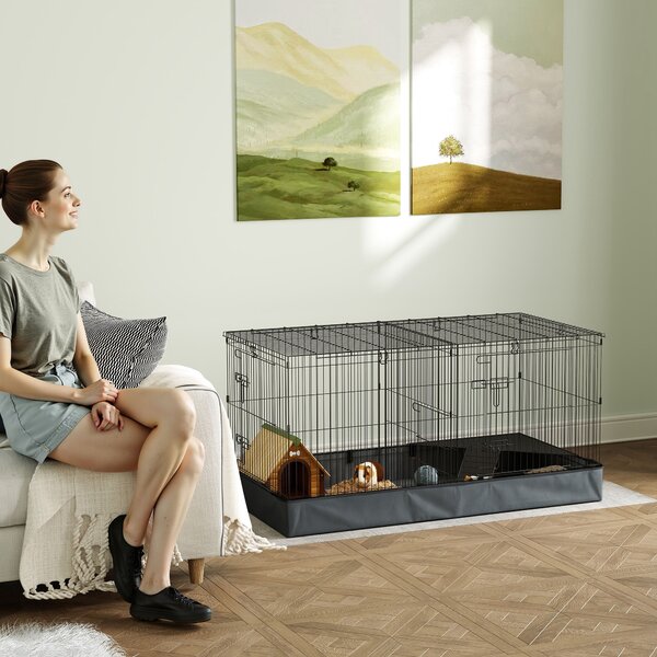 PawHut Gabbia per Animali Piccoli 2 in 1, Coperchio Rimovibile e Sezioni Separate, 121x61x61 cm, Nero