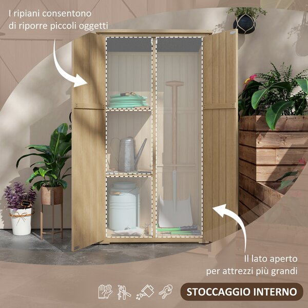 Outsunny Armadio con 2 ripiani laterali e 2 porte per attrezzi, casetta rimessa da giardino, 90L x 54,5P x 161/168,5H cm, Naturale | Aosom Italy