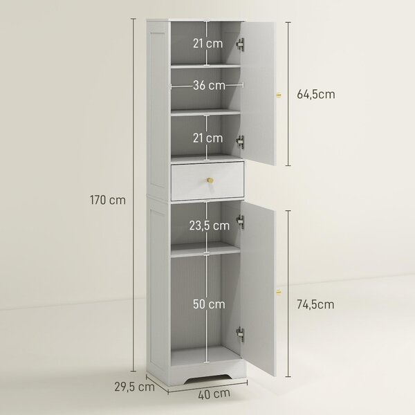 HOMCOM Armadietto Alto da Bagno Stretto con 2 Porte Arco Cassetto e Ripiani Regolabili Moderno 40x29,5x170 cm Bianco Veteado | Aosom Italy