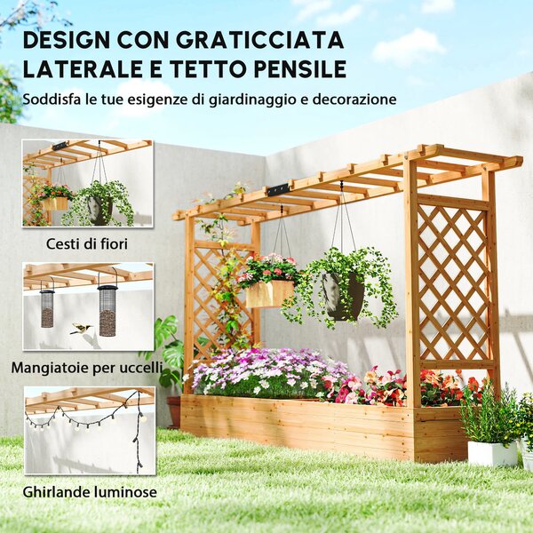 Outsunny Fioriera rialzata con traliccio laterale e superiore, vaso da fiori fori di drenaggio, 200x44x113,5cm, legno naturale | Aosom Italy