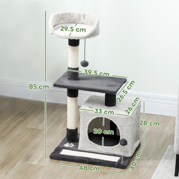 AllMyPets Albero Tiragraffi per Gatti Alto 85 cm con Casetta Lettino Pali e Tappetino Tiragraffi colore Grigio - W678LG