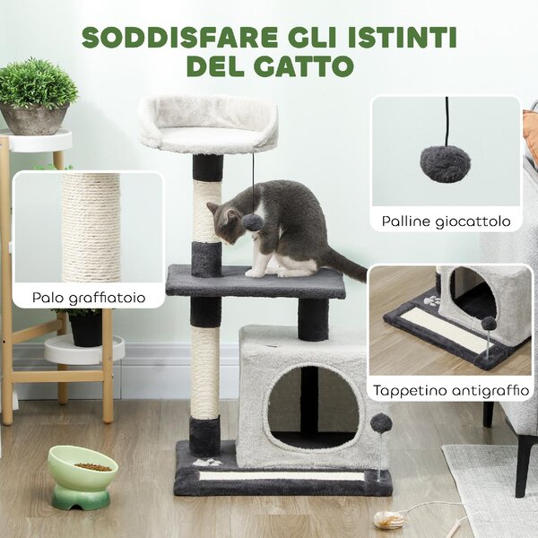 AllMyPets Albero Tiragraffi per Gatti Alto 85 cm con Casetta Lettino Pali e Tappetino Tiragraffi colore Grigio - W678LG