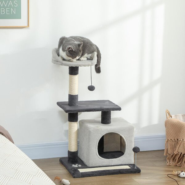 AllMyPets Albero Tiragraffi per Gatti Alto 85 cm con Casetta Lettino Pali e Tappetino Tiragraffi colore Grigio - W678LG