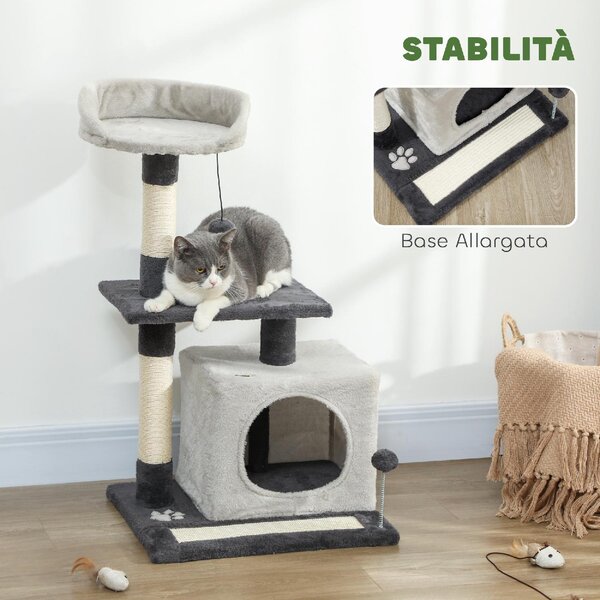 AllMyPets Albero Tiragraffi per Gatti Alto 85 cm con Casetta Lettino Pali e Tappetino Tiragraffi colore Grigio - W678LG