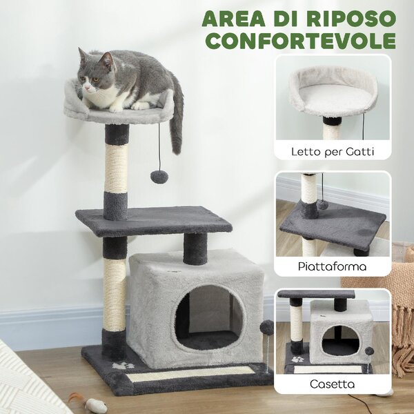 AllMyPets Albero Tiragraffi per Gatti Alto 85 cm con Casetta Lettino Pali e Tappetino Tiragraffi colore Grigio - W678LG
