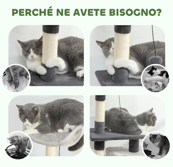 AllMyPets Albero Tiragraffi per Gatti Alto 85 cm con Casetta Lettino Pali e Tappetino Tiragraffi colore Grigio - W678LG