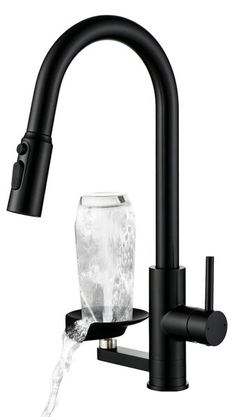 Miscelatore da cucina con funzione di lavaggio bicchieri, estraibile, con due getti, colore nero, per la cucina