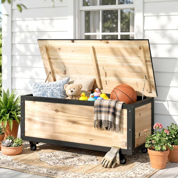 Outsunny Panca Contenitore da 121L con 4 Rotelle e Maniglie in Legno e Acciaio, 100x50x43cm, Colore Legno|Aosom
