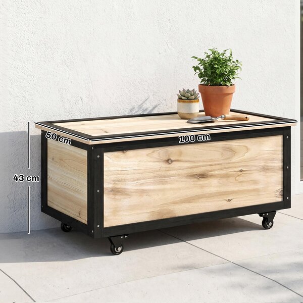 Outsunny Panca Contenitore da 121L con 4 Rotelle e Maniglie in Legno e Acciaio, 100x50x43cm, Colore Legno|Aosom