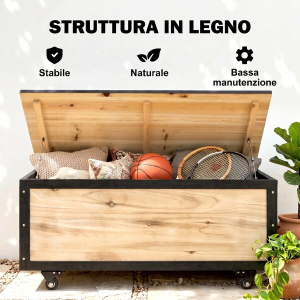Outsunny Panca Contenitore da 121L con 4 Rotelle e Maniglie in Legno e Acciaio, 100x50x43cm, Colore Legno|Aosom