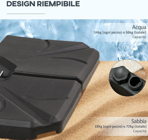 VivaGarden Base per Ombrellone da Giardino 4 Pezzi Riempibili con Acqua e Sabbia max 18kg 103x103x8.3 cm colore Nero