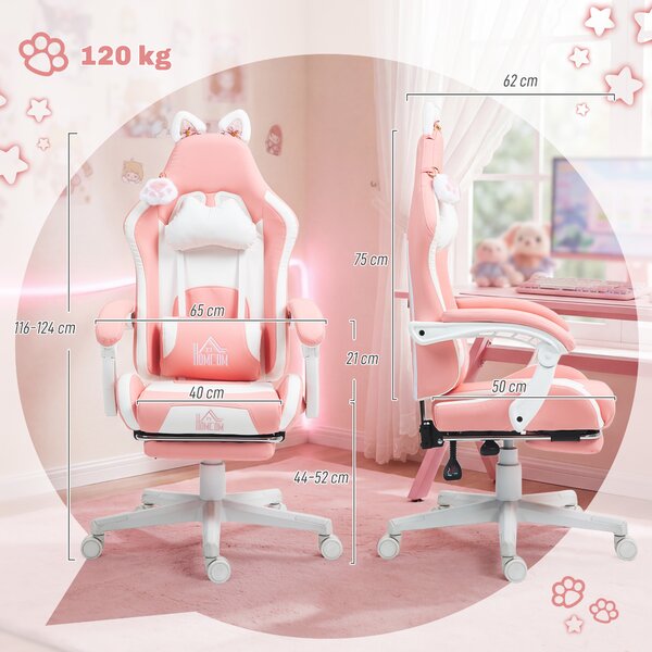 HOMCOM Sedia da Gaming Ergonomica con Orecchie da Gatto, Poggiapiedi, Supporto Lombare e Cervicale, Rosa