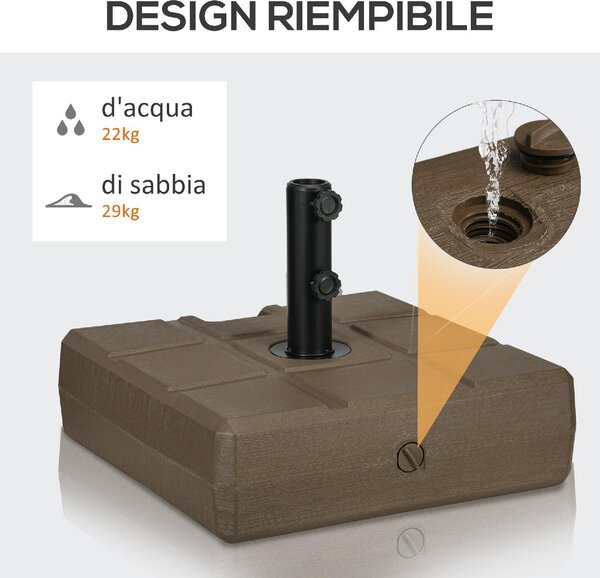 VivaGarden Base per Ombrellone da Giardino Riempibile con Maniglia in HDPE e Acciaio 49x49x36.5 cm colore Marrone
