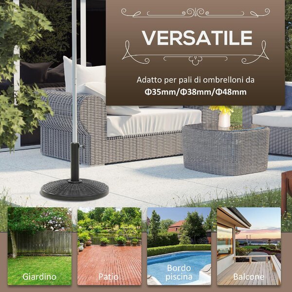 VivaGarden Base per Ombrellone Rotonda Effetto Rattan da 12.5kg Supporto per Pali da 38mm e 48mm 44.5 cm colore Nero