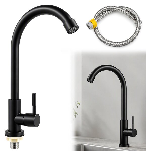 Rubinetto da cucina per acqua fredda, nero, girevole a 360°, in acciaio inossidabile 304, ideale per la cucina