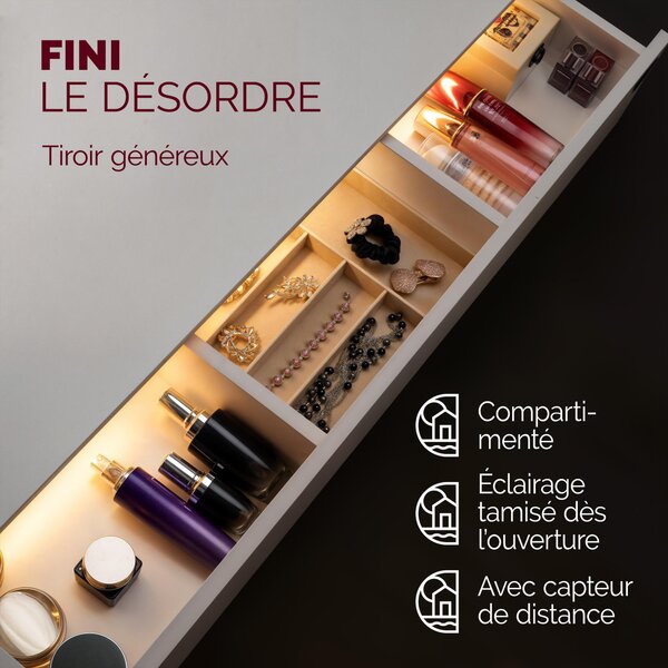 CASARIA® Tavolo da Trucco Lucia Specchio Grande Cassetto con Luce Ripiani Toeletta Trucchi Tavolino Make-Up e Profumi Postazione Trucco Vanity Desk