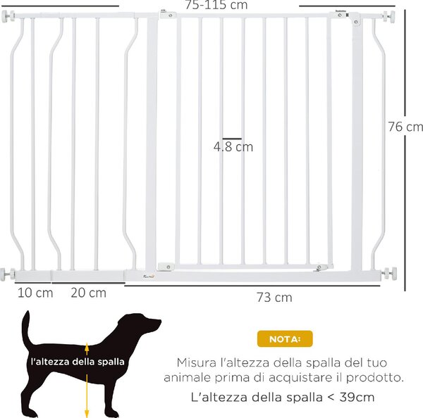 AllMyPets Cancelletto di Sicurezza per Cani in Acciaio e ABS Estensibile 75-115 cm per Scale e Porte colore Bianco - V01W20F