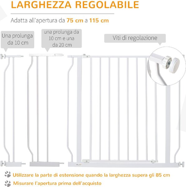 AllMyPets Cancelletto di Sicurezza per Cani in Acciaio e ABS Estensibile 75-115 cm per Scale e Porte colore Bianco - V01W20F