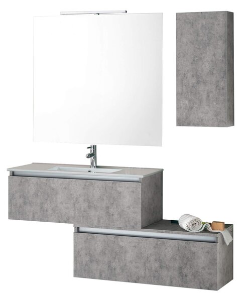 Collezione Era Set Bagno Sospeso - Base 101 Cm Con Lavabo In Ceramica, Portasciugamani E Colonna 2 Ante - Quercia Bianco