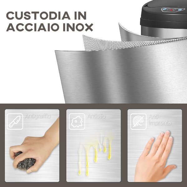 DecHome Cestino Spazzatura da 42L con Sensore di Movimento e Apertura Automatica, 30.5x30.5x68 cm colore Nero/Argento - L4060SR