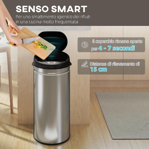 DecHome Cestino Spazzatura da 42L con Sensore di Movimento e Apertura Automatica, 30.5x30.5x68 cm colore Nero/Argento - L4060SR