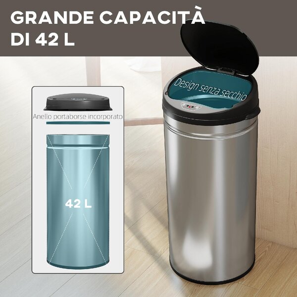 DecHome Cestino Spazzatura da 42L con Sensore di Movimento e Apertura Automatica, 30.5x30.5x68 cm colore Nero/Argento - L4060SR