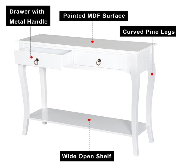 DecHome Consolle Ingresso Design Shabby Chic 2 Cassetti Dimensioni 100x33x76 cm colore Bianco